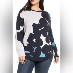 NIC+ZOE Blue and Cream Crew Neck Sweater